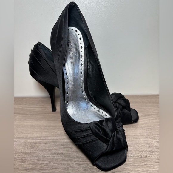 BCBGirls Black Satin Peep Toe Heels | Size 9W - Picture 2 of 10